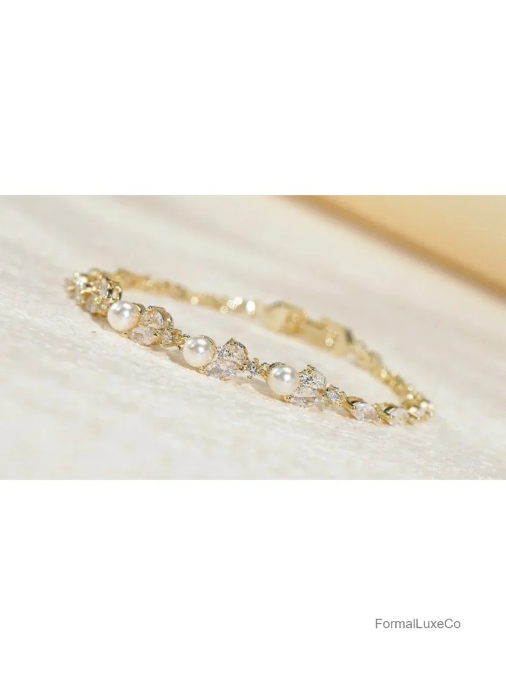 Simulated Pearl CZ Leaf Tennis Bracelet Women Bride Wedding